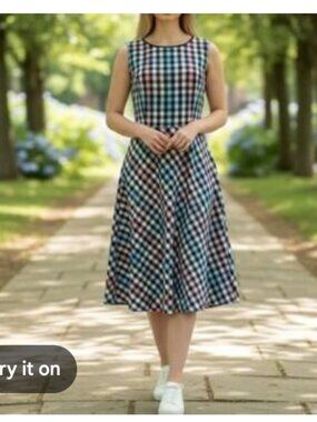 Multicolor Talbots gingham midi fit-and-flare dress, Size 12